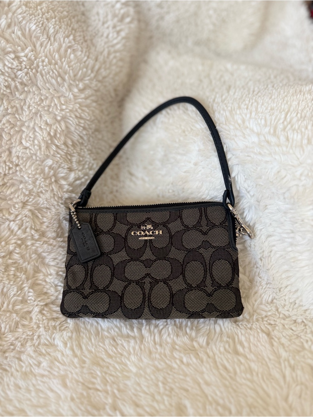 Coach Brown Signature Canvas Wristlet with Black Strap